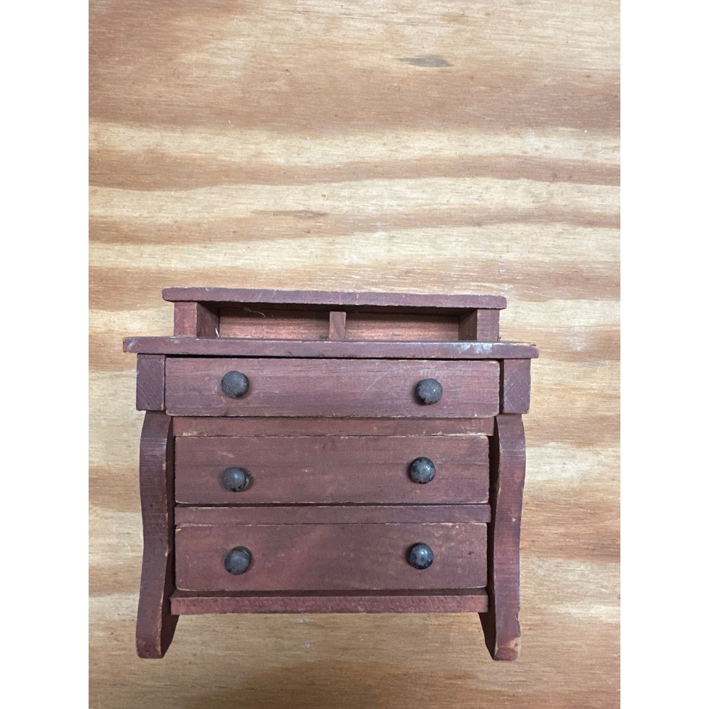 Vintage Miniature Wooden Dresser 3 Drawer Dollhouse Furniture Rustic Brown 5.5in